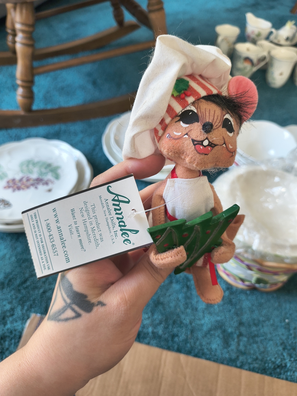 Annalee Tan and Red Holiday Elf with Green Tree Ornament